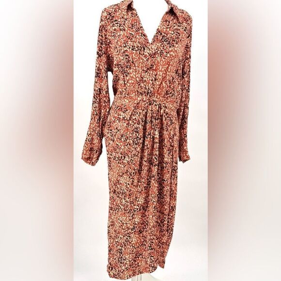 Anthropologie Red-Orange and Black Long Sleeve Maxi Faux Wrap Dress EUC Sz M - Picture 3 of 13